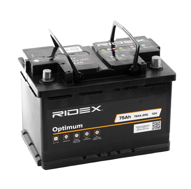 Bateria RIDEX OPTIMUM 750A, 75Ah, Bateria chumbo-ácido, com pegas, sem indicador de nível 1S0009