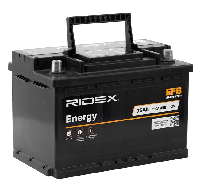 Bateria RIDEX 750A, 75Ah, Bateria EFB, com pegas 1S0017